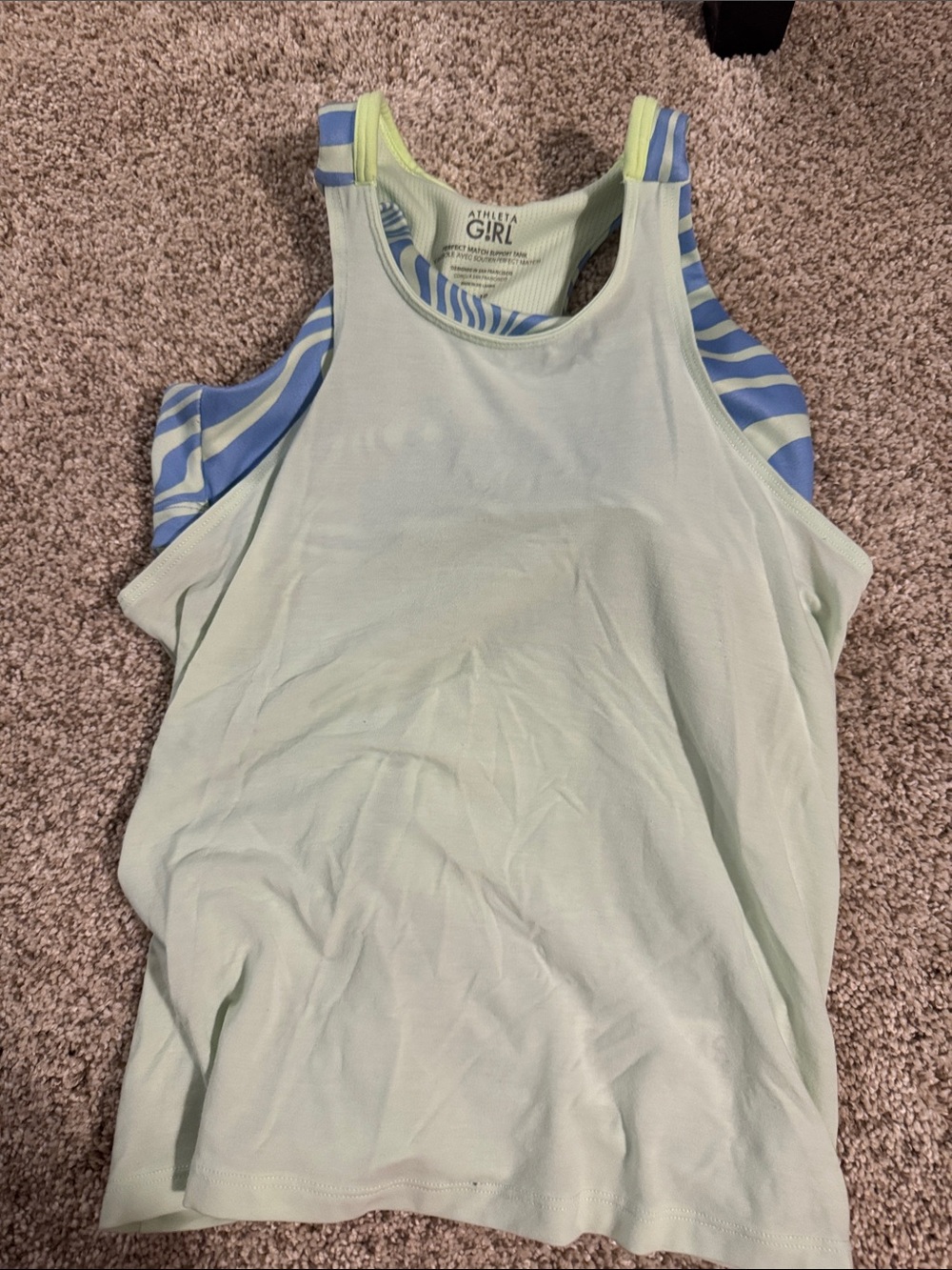 Athleta Mint Green Tank with Blue Striped Built-In Bra